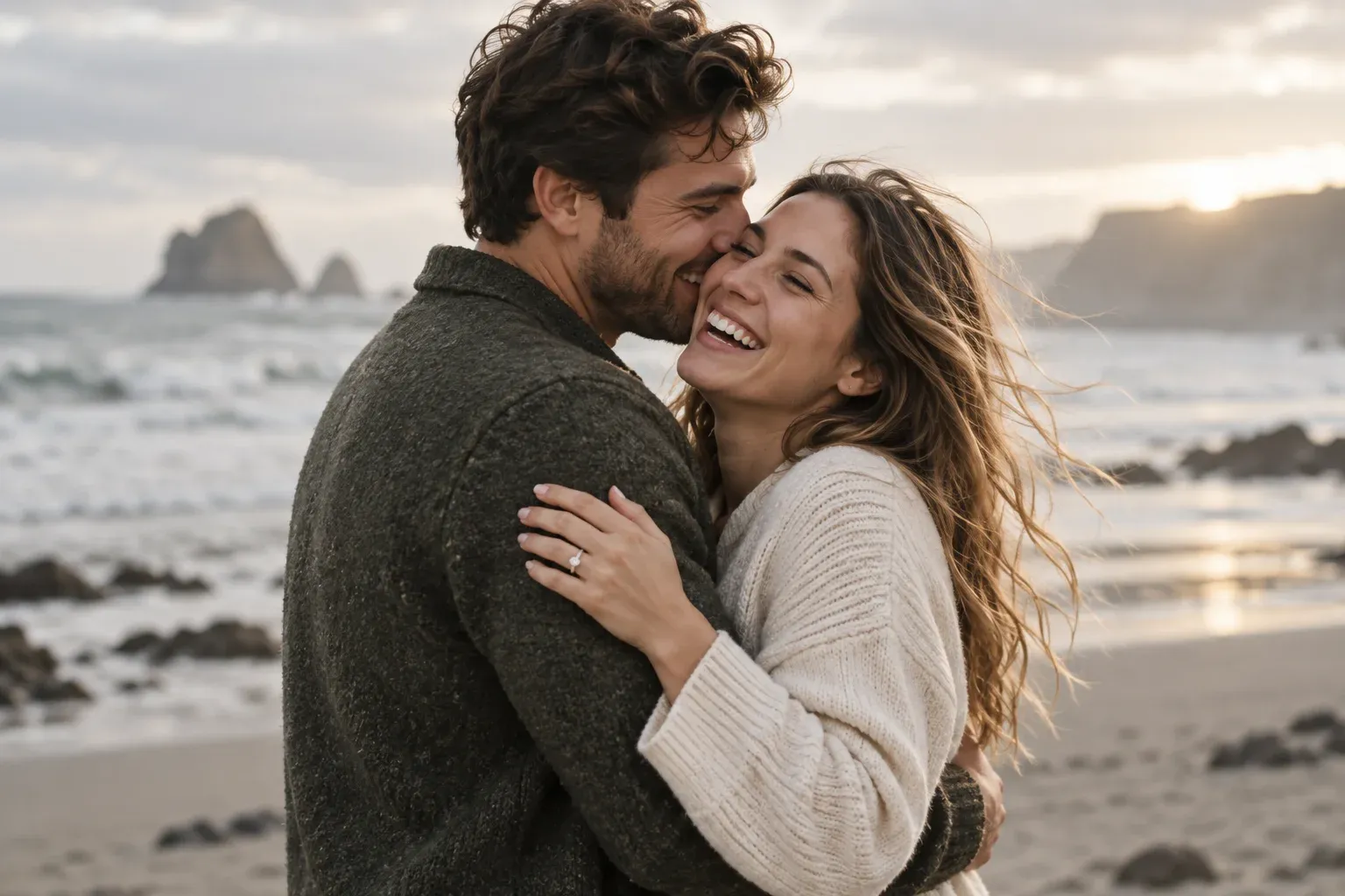 A newly engaged couple laughing in an embrace on a windswept beach.