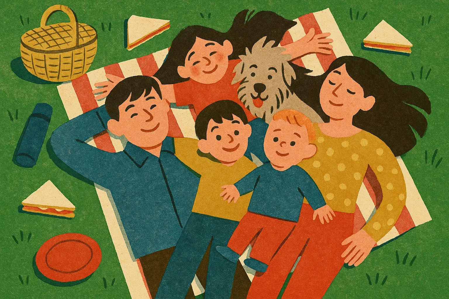A cut-paper illustration of a family of four and a shaggy dog lying together on a striped picnic blanket, seen from above with a basket and sandwiches around them.