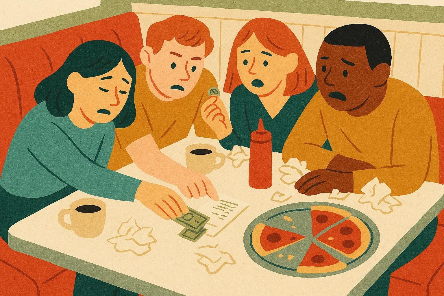 A cut-paper illustration of four friends at a diner booth splitting a bill, with a stack of cash, a pizza slice and coffee cups on the table.