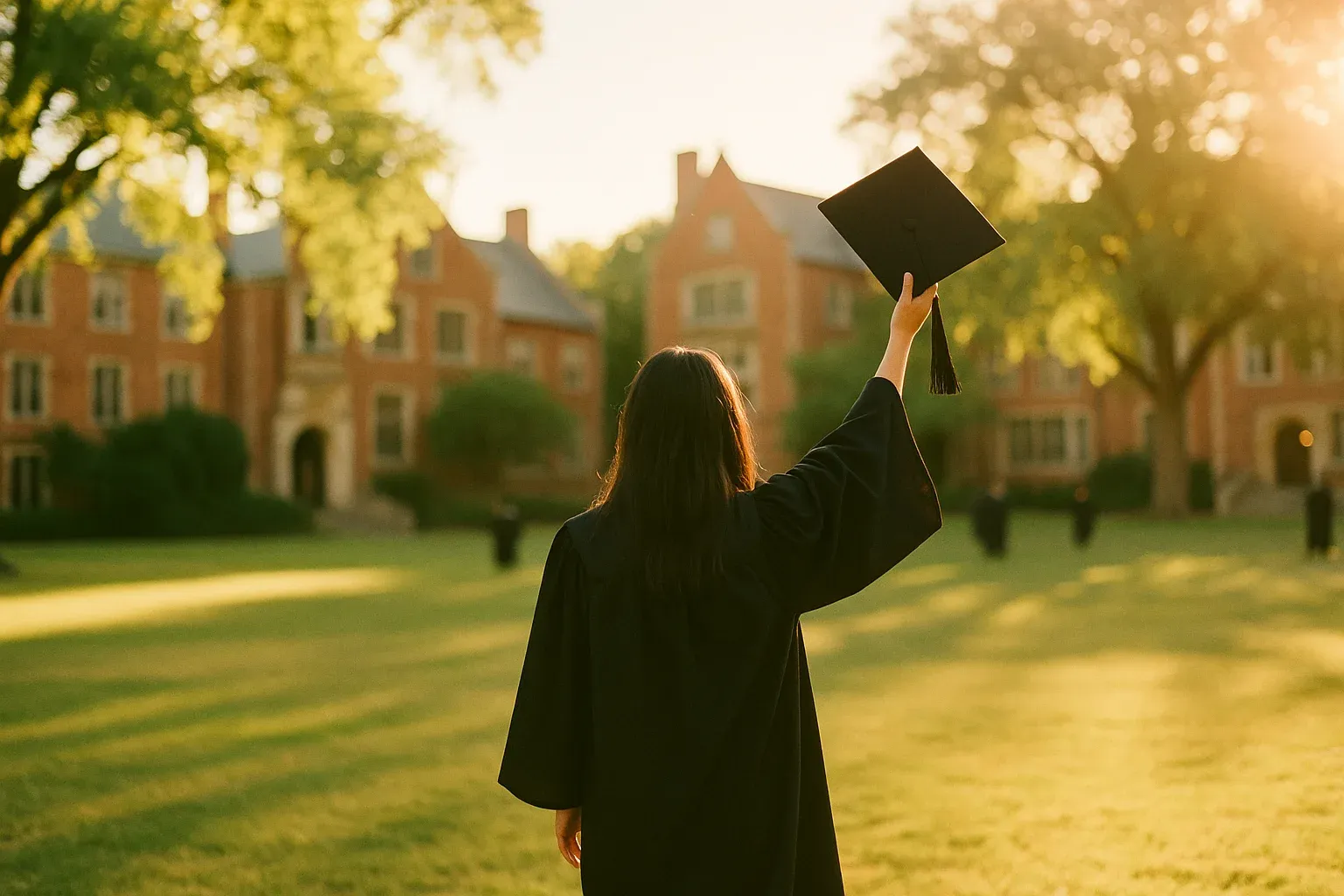 A graduate in a black gown seen from behind on a sunlit campus lawn, holding a mortarboard up toward the sky.