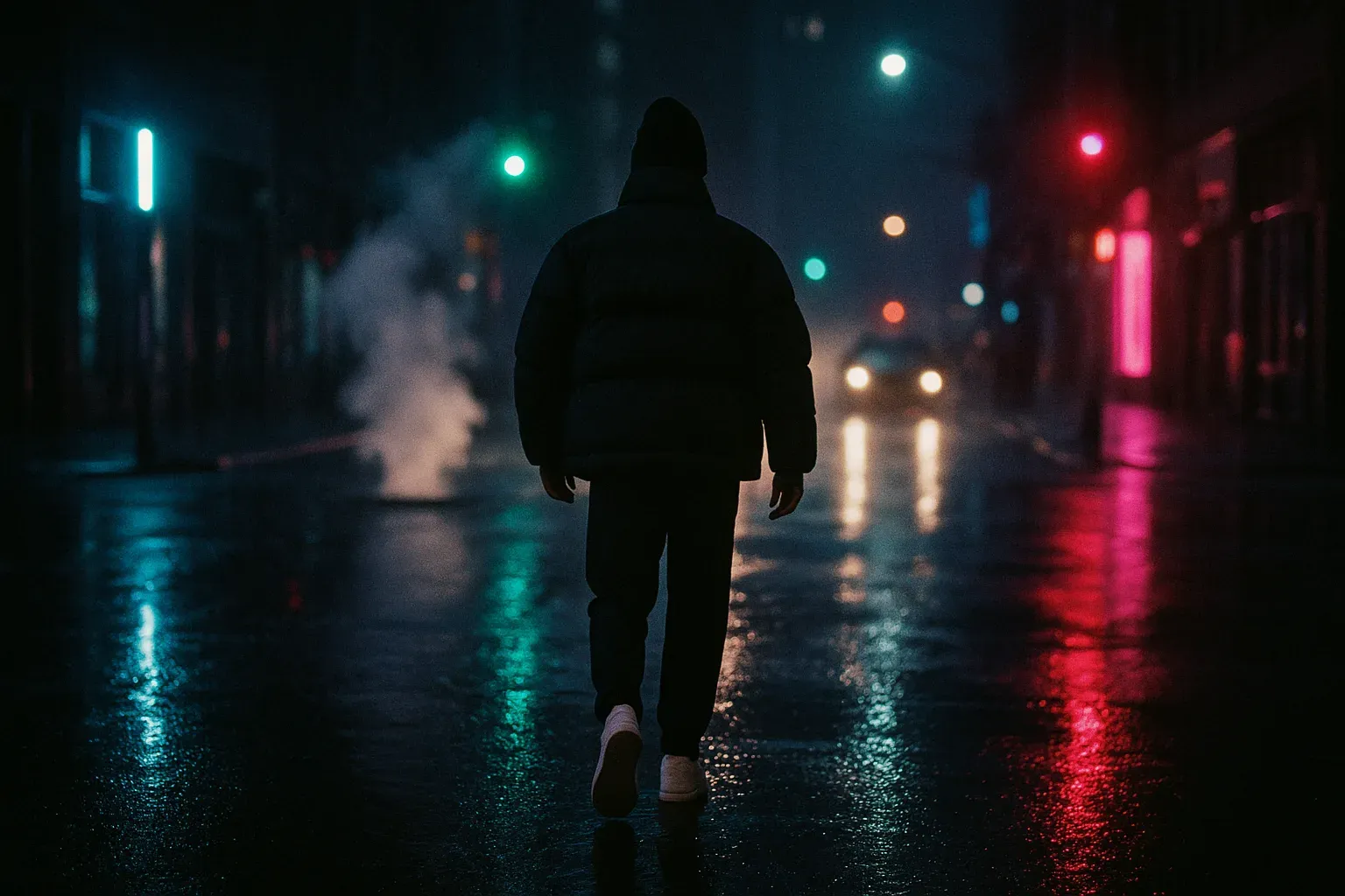 A person in an oversized black puffer jacket and beanie walking away across a rain-wet city street at night, neon reflections on the asphalt.
