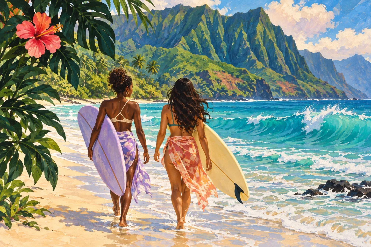 A colourful hand-painted scene of two women carrying surfboards toward a Hawaiian beach beneath green volcanic cliffs.