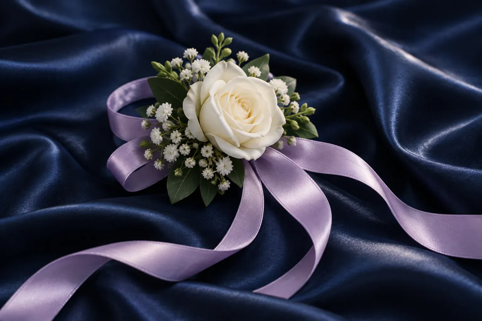A white flower wrist corsage tied with a lilac ribbon on midnight-blue satin.