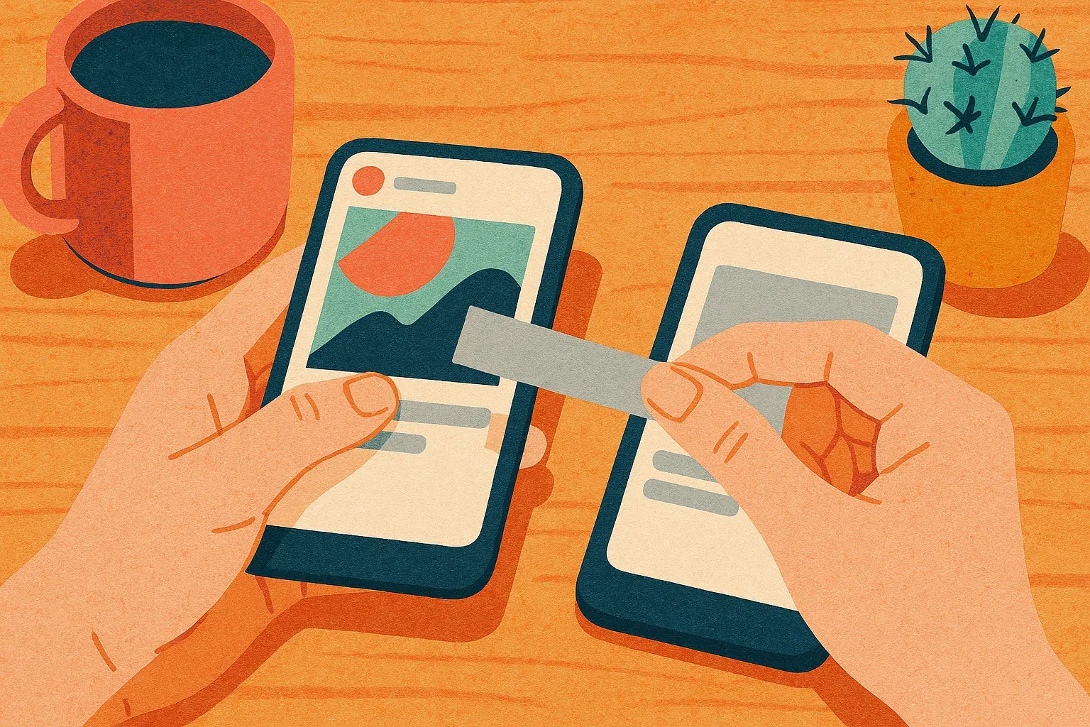 Two hands lifting a paper caption strip off one phone screen and carrying it toward a second phone on a wooden desk.