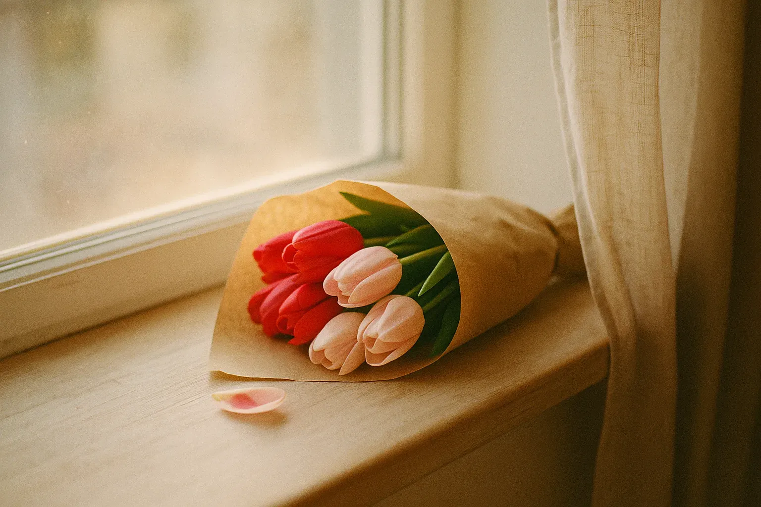 A loose bunch of red and pink tulips wrapped in brown paper on a sunlit wooden windowsill.