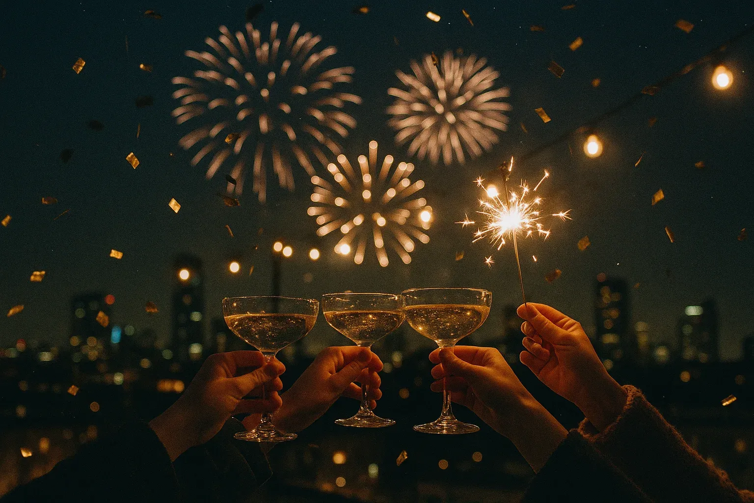 Hands raising champagne glasses and a lit sparkler toward fireworks over a city skyline at midnight, with confetti in the air.