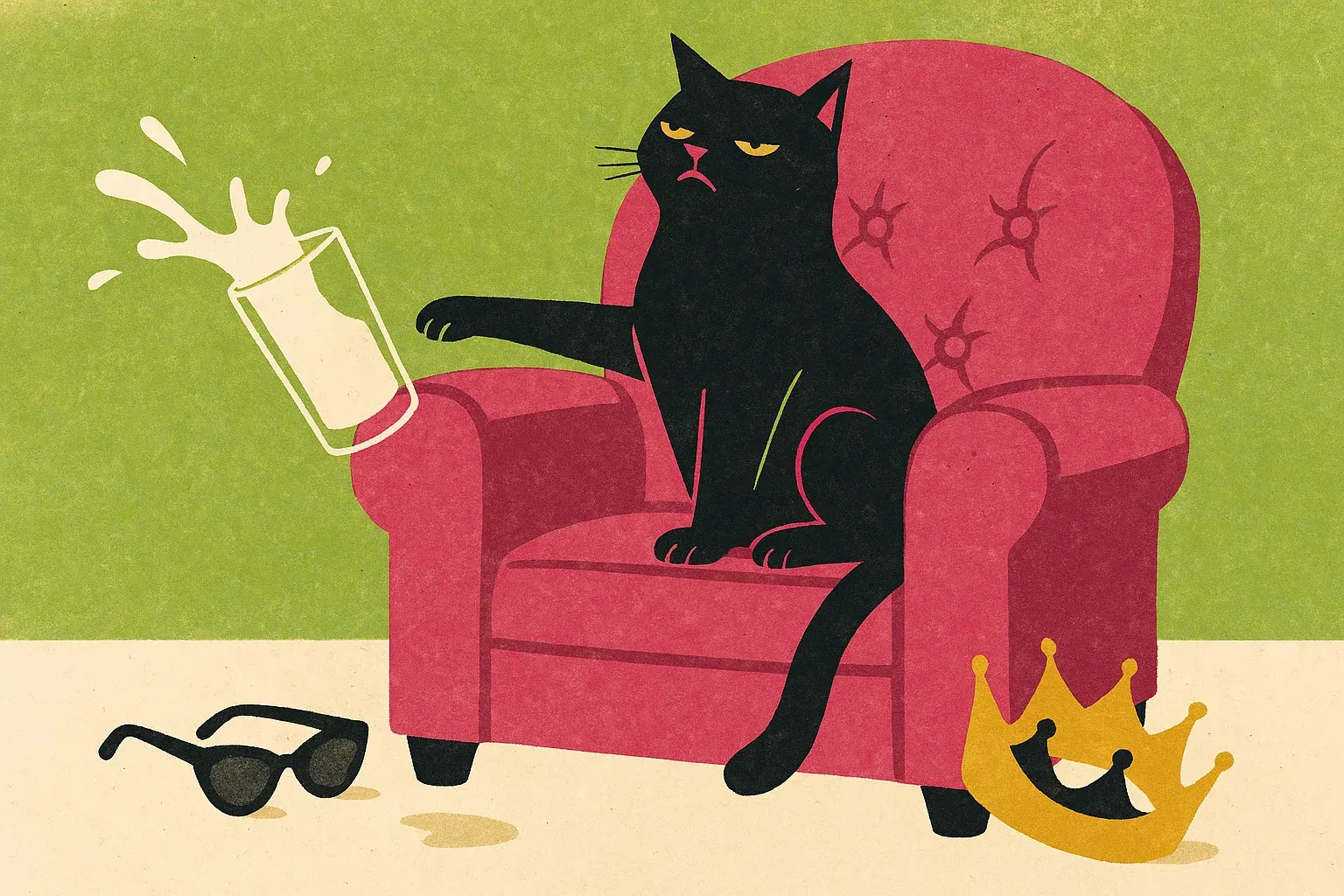 A black cat sitting on a hot pink velvet armchair like a throne, having just pushed a glass of milk off the armrest.
