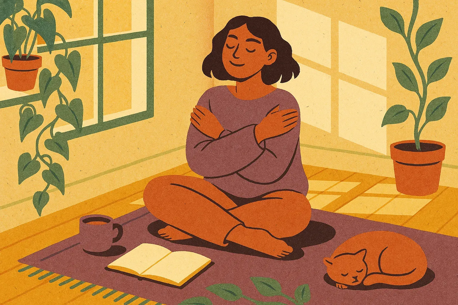 A woman sitting cross-legged on a sunlit bedroom floor hugging her own shoulders, with a mug of tea, plants and a sleeping cat beside her.
