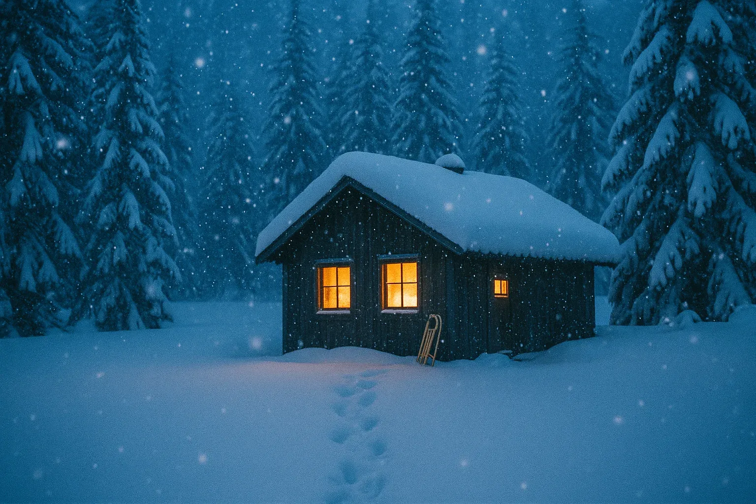 A small wooden cabin with glowing windows in deep snow at blue hour, snow falling and a wooden sled leaning by the door.