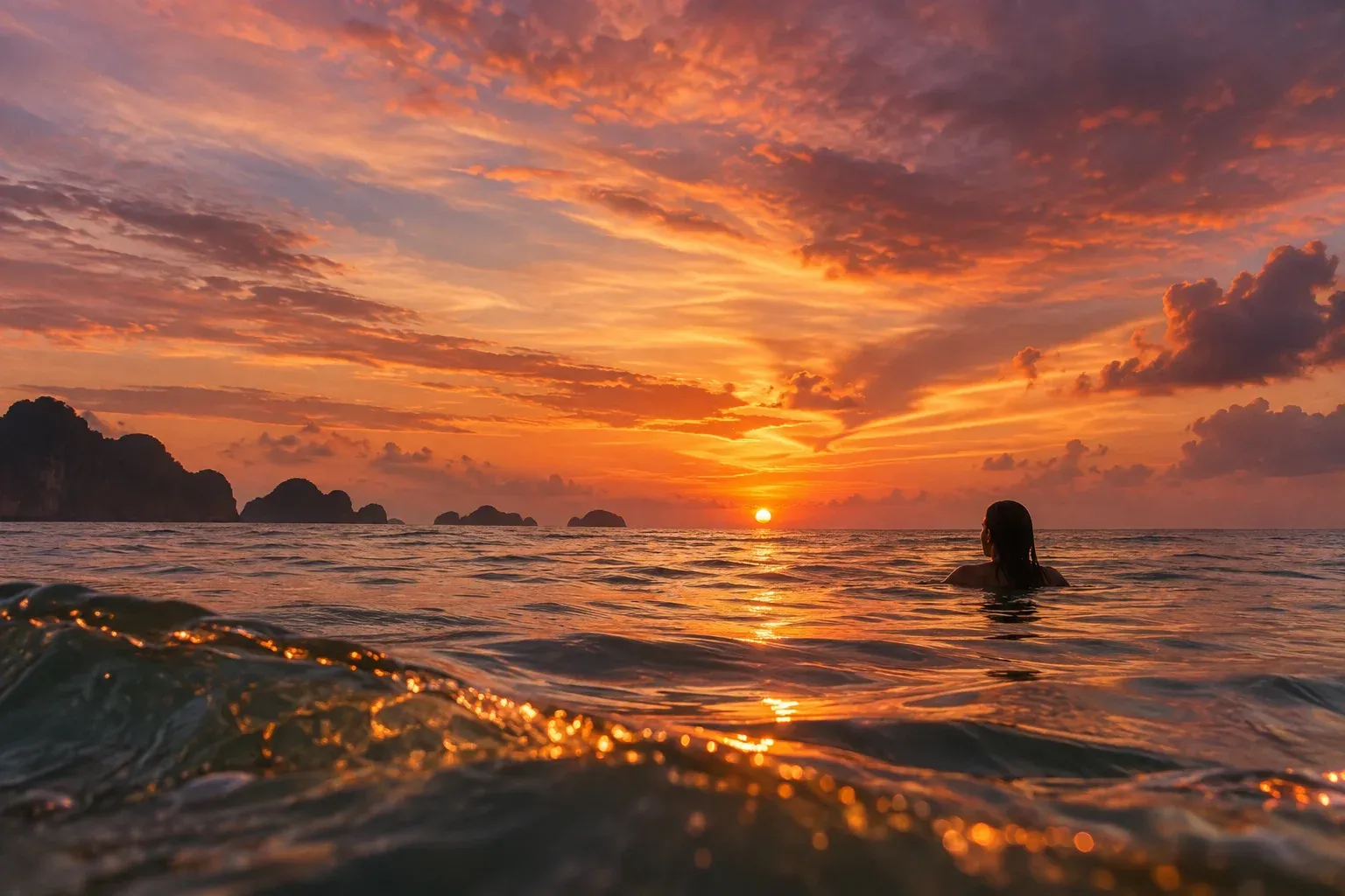 A swimmer watching a glowing ocean sunset, with amber light catching a wave in the foreground.