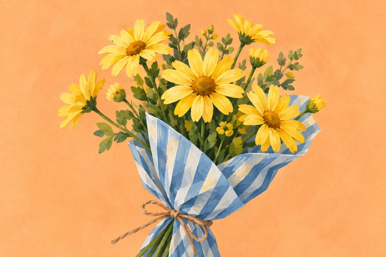 An illustrated bouquet of yellow daisies wrapped in blue striped paper.