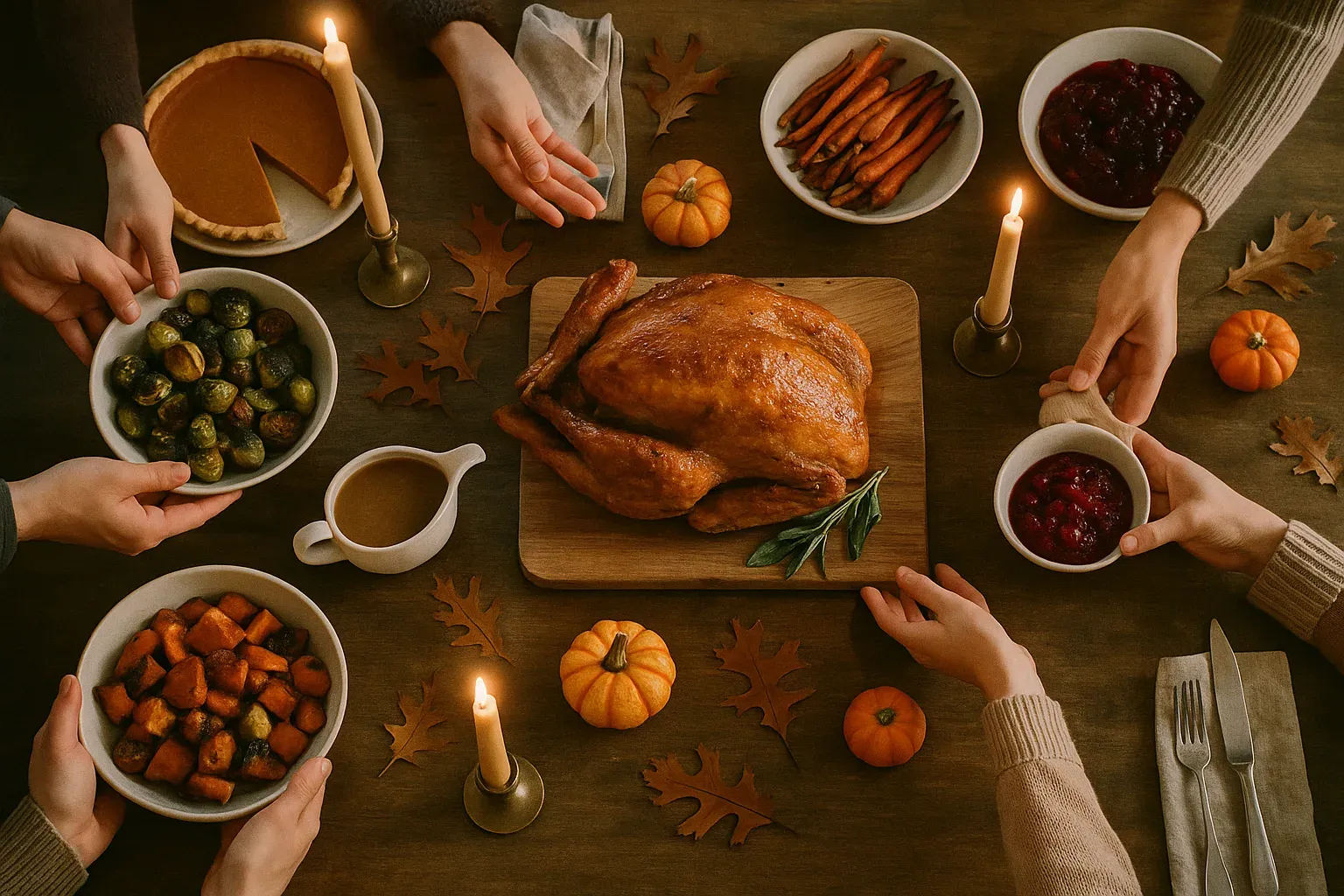 A long farmhouse table seen from above, crowded with a roast turkey, pumpkin pie, candles and autumn leaves, with hands passing dishes.