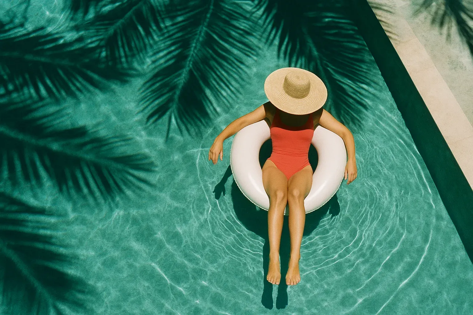 A woman in a wide-brim straw hat floating on a pool ring in clear turquoise water, photographed from above with palm shadows across the surface.