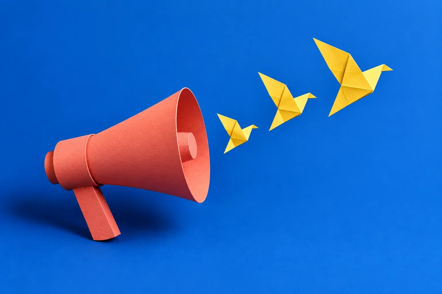 A coral megaphone releasing three folded yellow paper birds against blue.