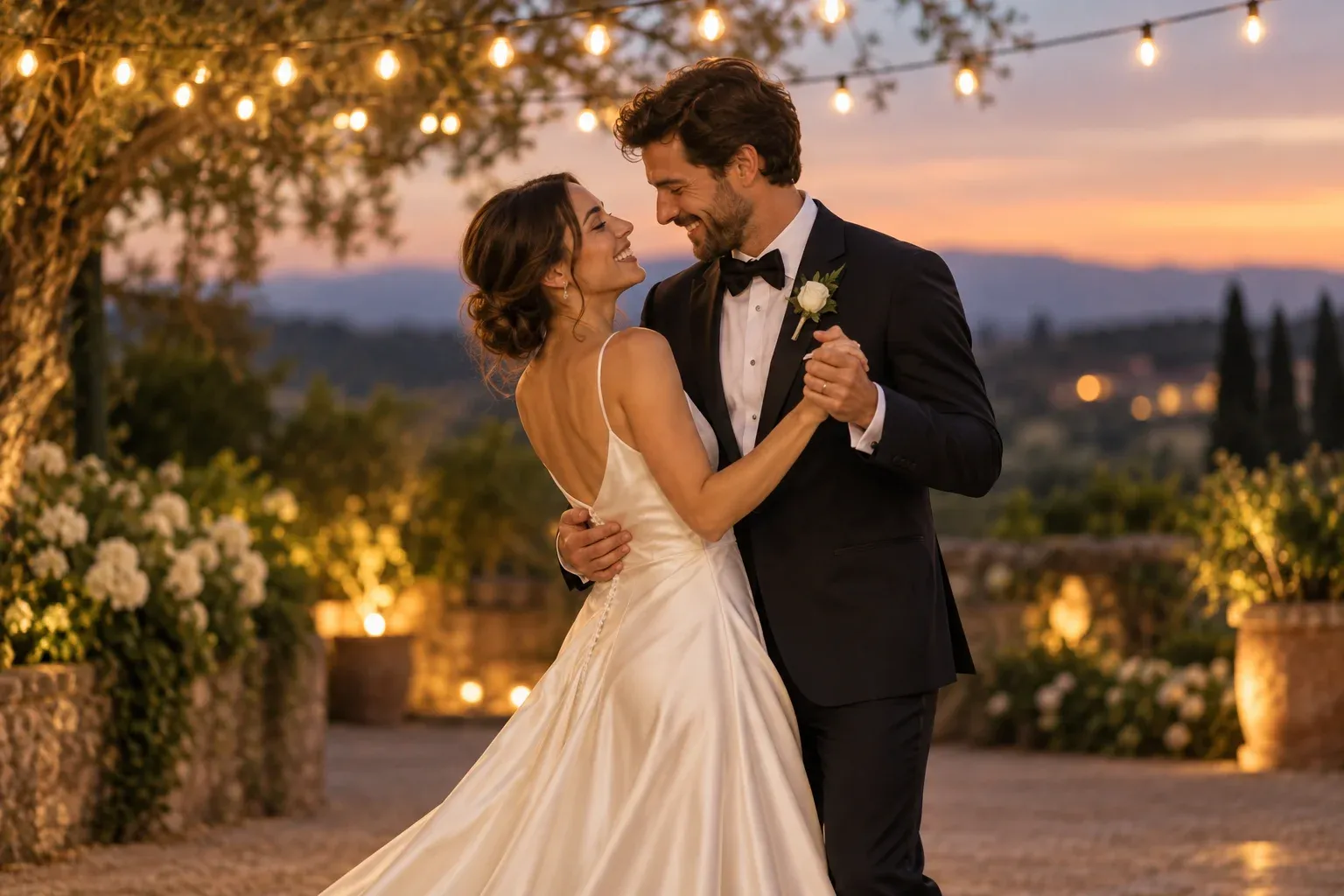 A bride and groom dancing beneath garden lights at dusk.