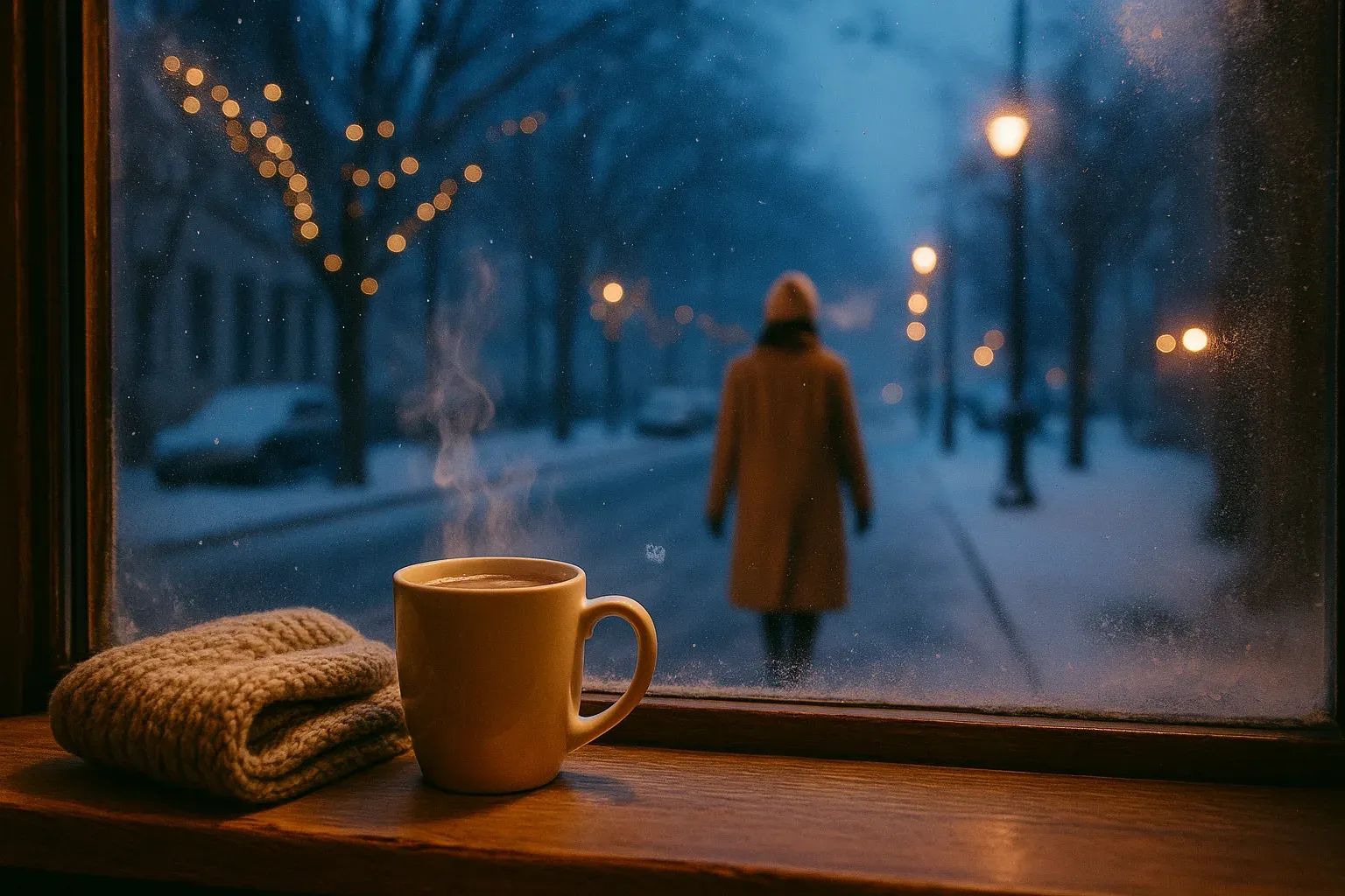 A steaming mug and a folded scarf on a cafe windowsill, with a quiet snowy city street and a person in a long coat walking past bare trees at blue hour outside.