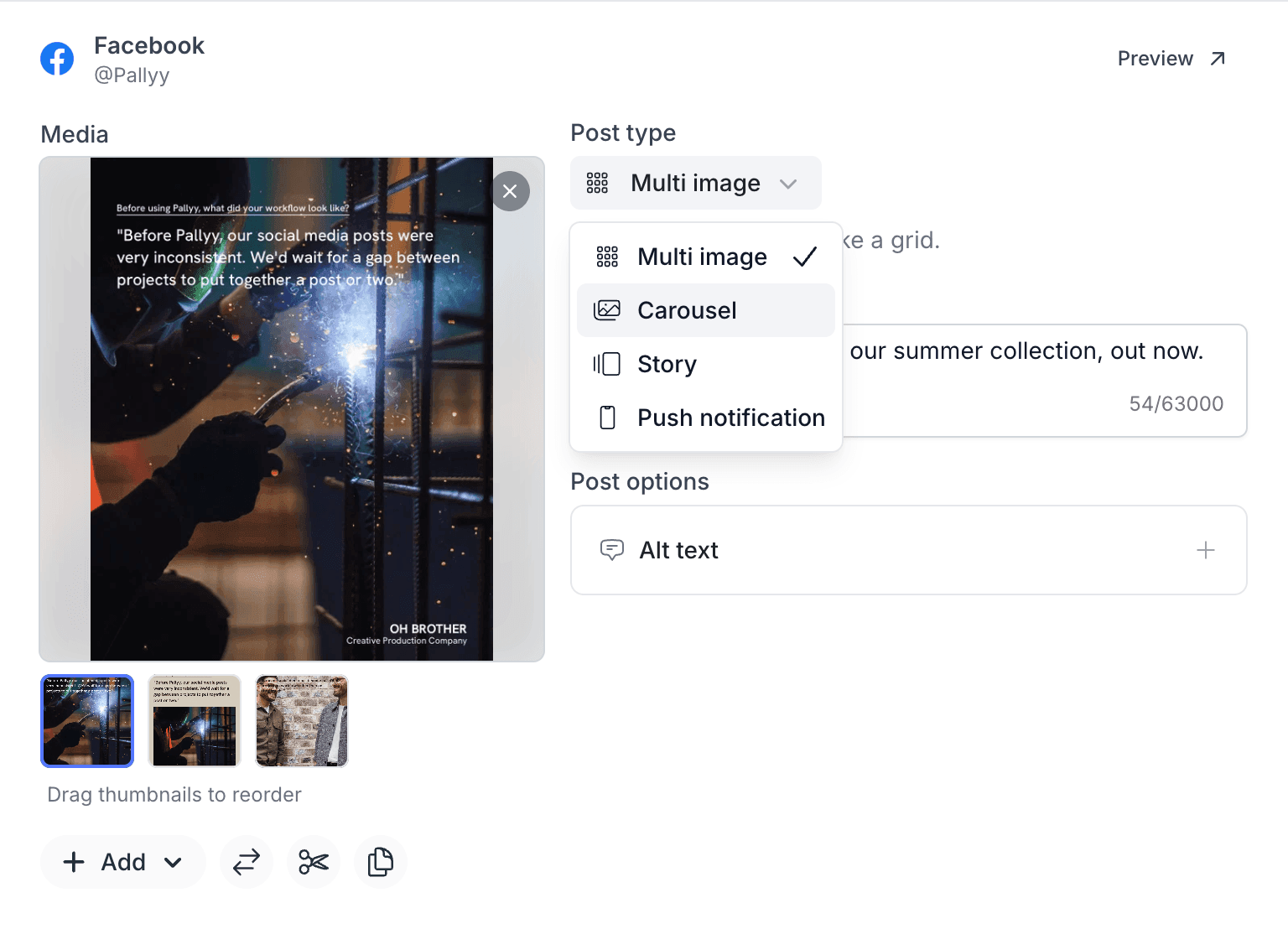 The Facebook card in Pallyy's composer with three images attached and the post type dropdown open showing the Carousel option
