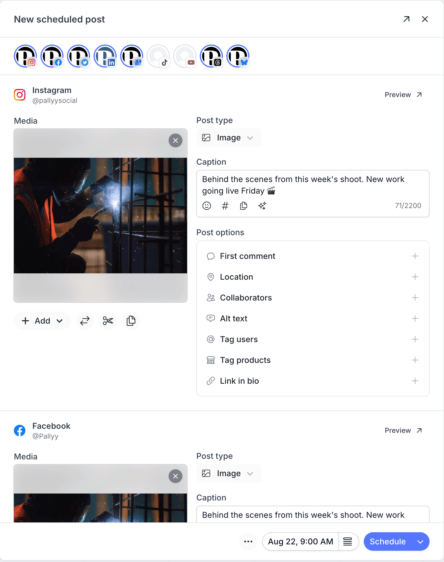 Pallyy's post composer with one post going to Instagram, Facebook, X, LinkedIn, Threads and Bluesky, with per-network captions and options
