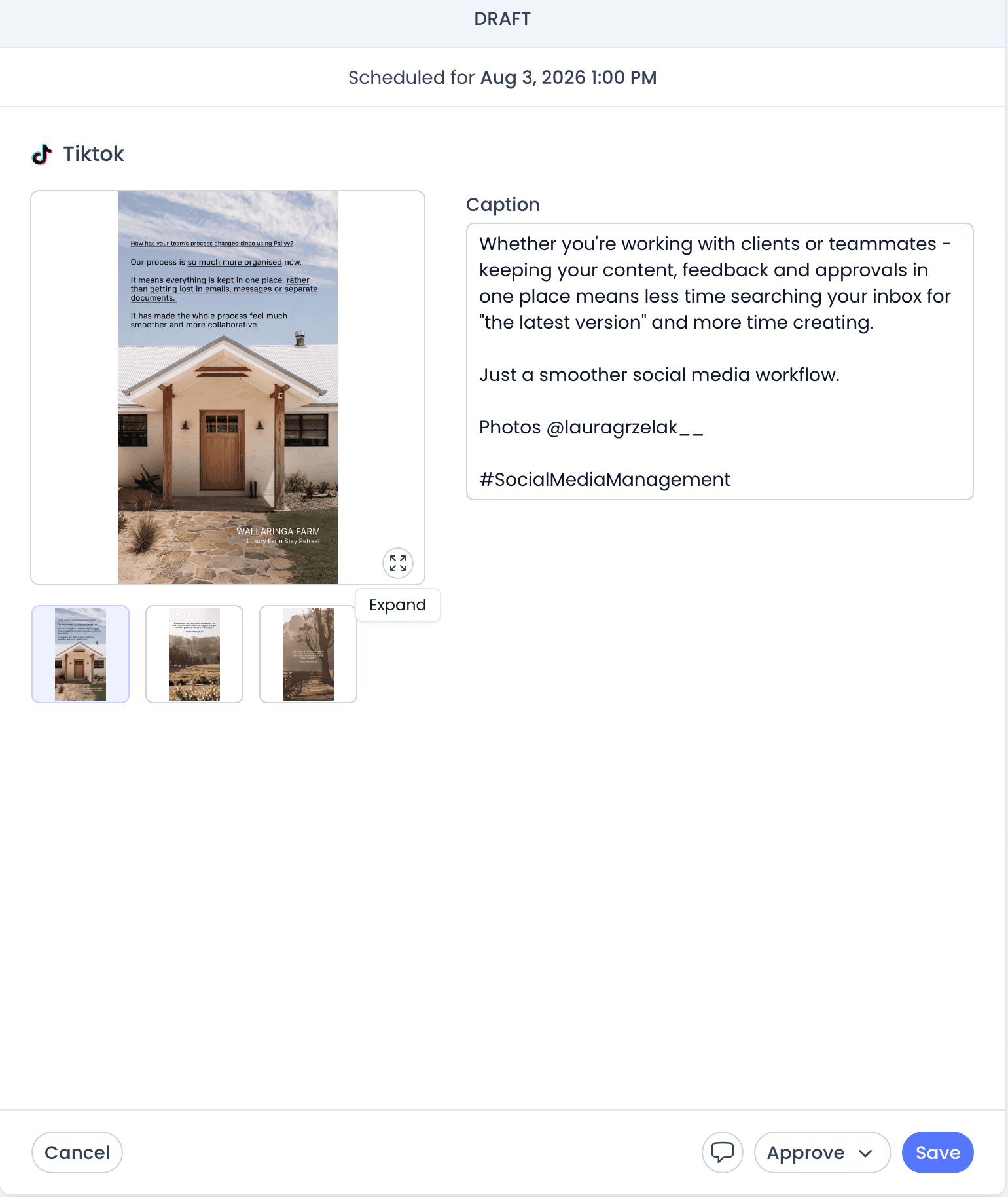 A post opened from the client's shared calendar link, with the preview, caption, comment box, and Approve button