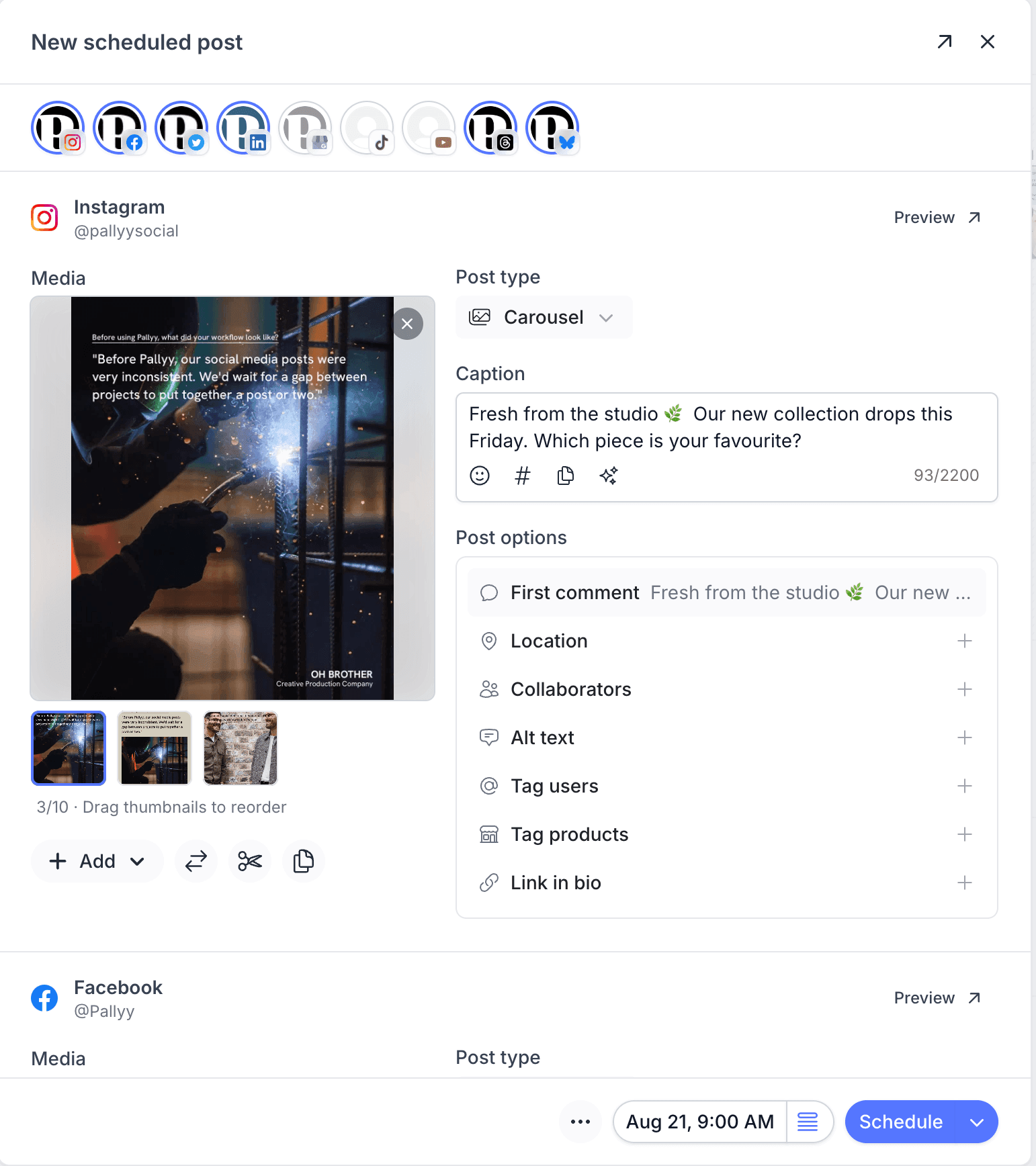 Pallyy's full post composer showing the Instagram version of a post with media attached, a caption box, and post options like first comment, location, and collaborators