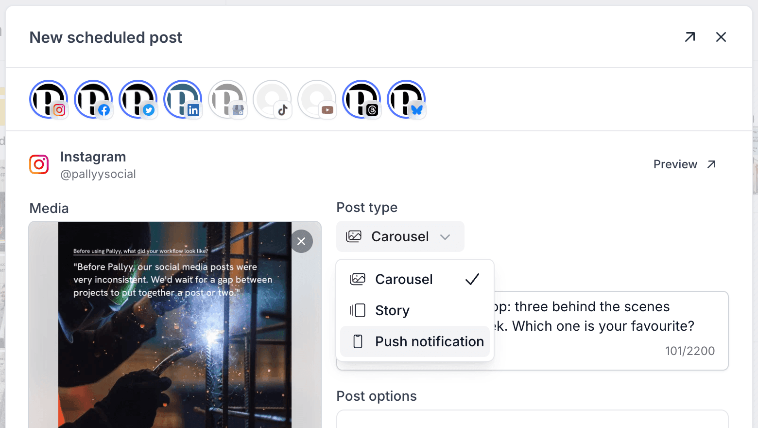 The post type dropdown open on an Instagram post in Pallyy with Push notification highlighted
