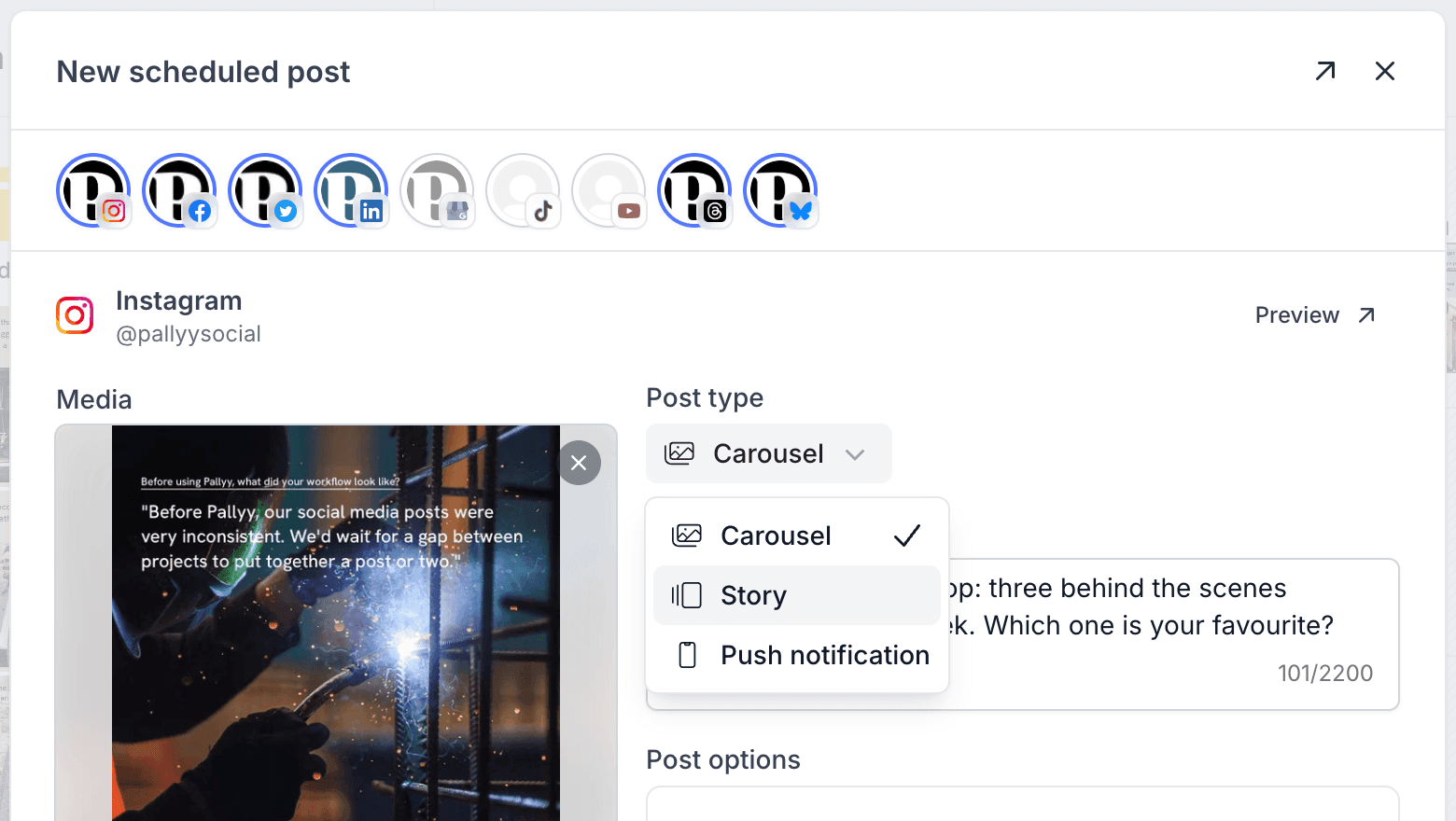 The post type dropdown open on an Instagram post in Pallyy with the Story post type highlighted
