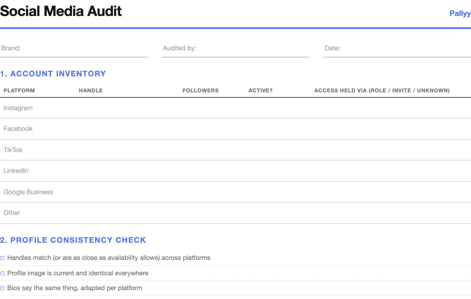 The first page of the social media audit template, with the account inventory table and profile consistency checklist