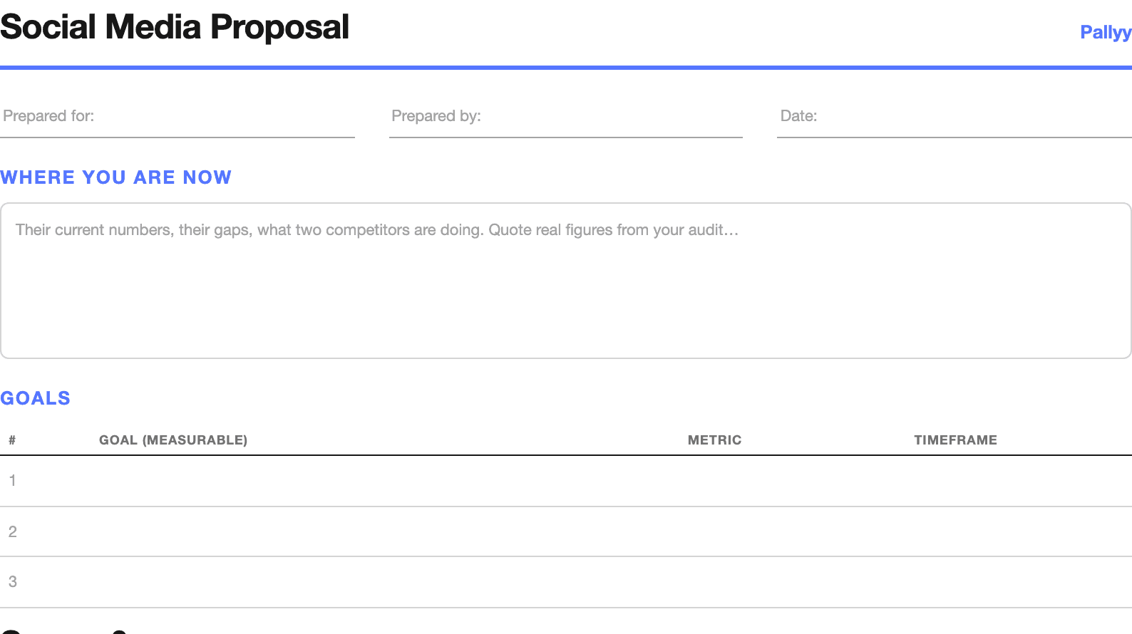 The first page of the social media proposal template, with the situation section and measurable goals table