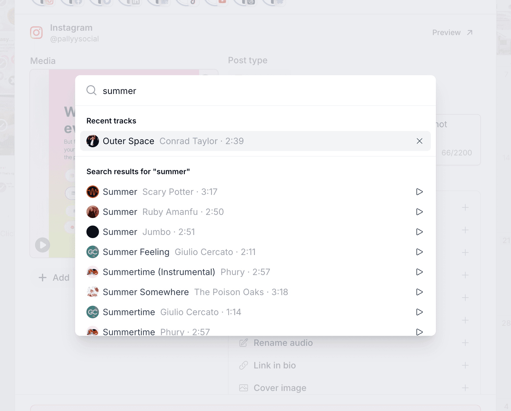 Pallyy's audio search on a scheduled Reel showing recent tracks and search results with play buttons for previewing
