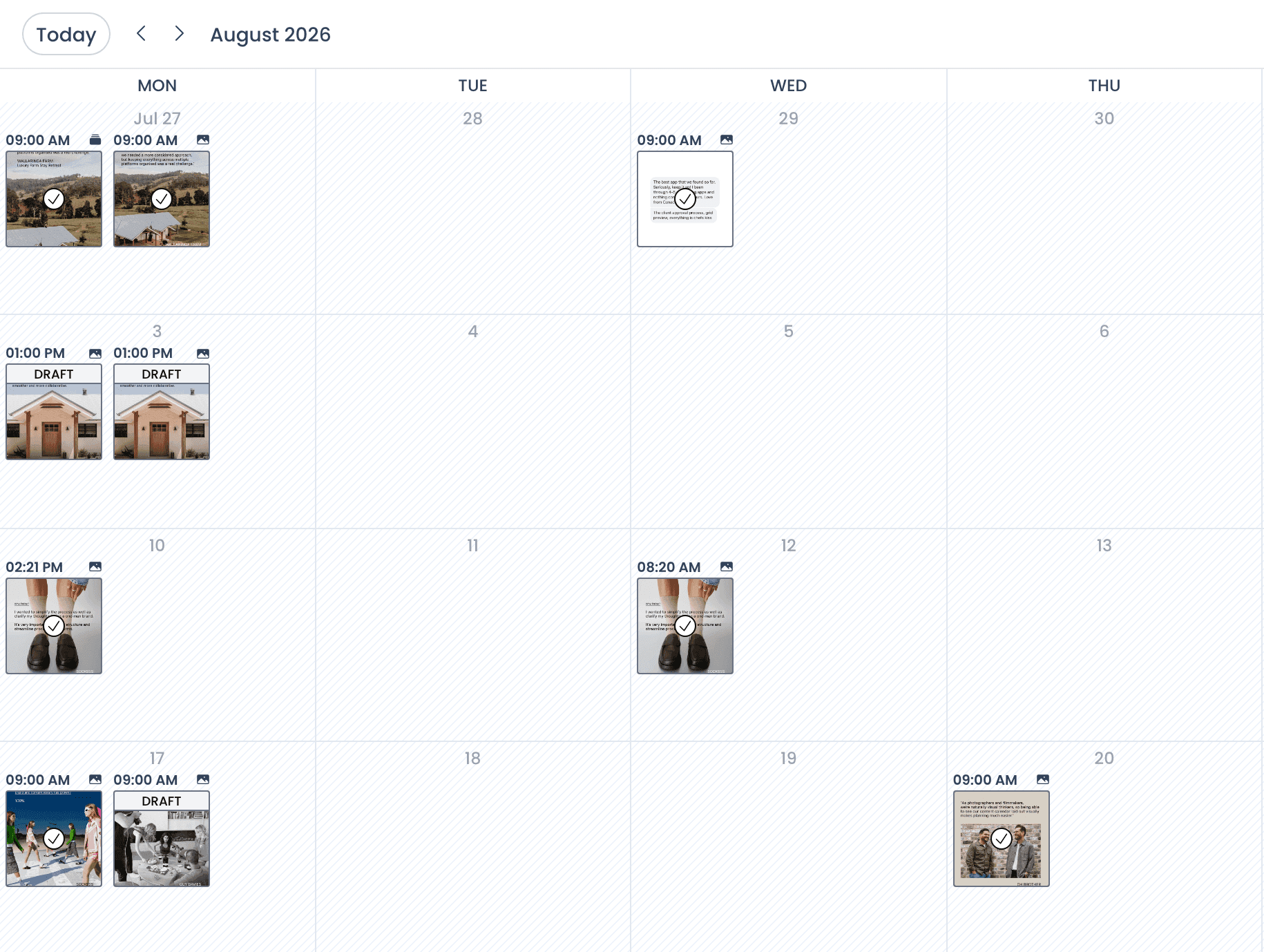 The shared calendar a client sees in their browser, with scheduled posts and drafts laid out on a month view