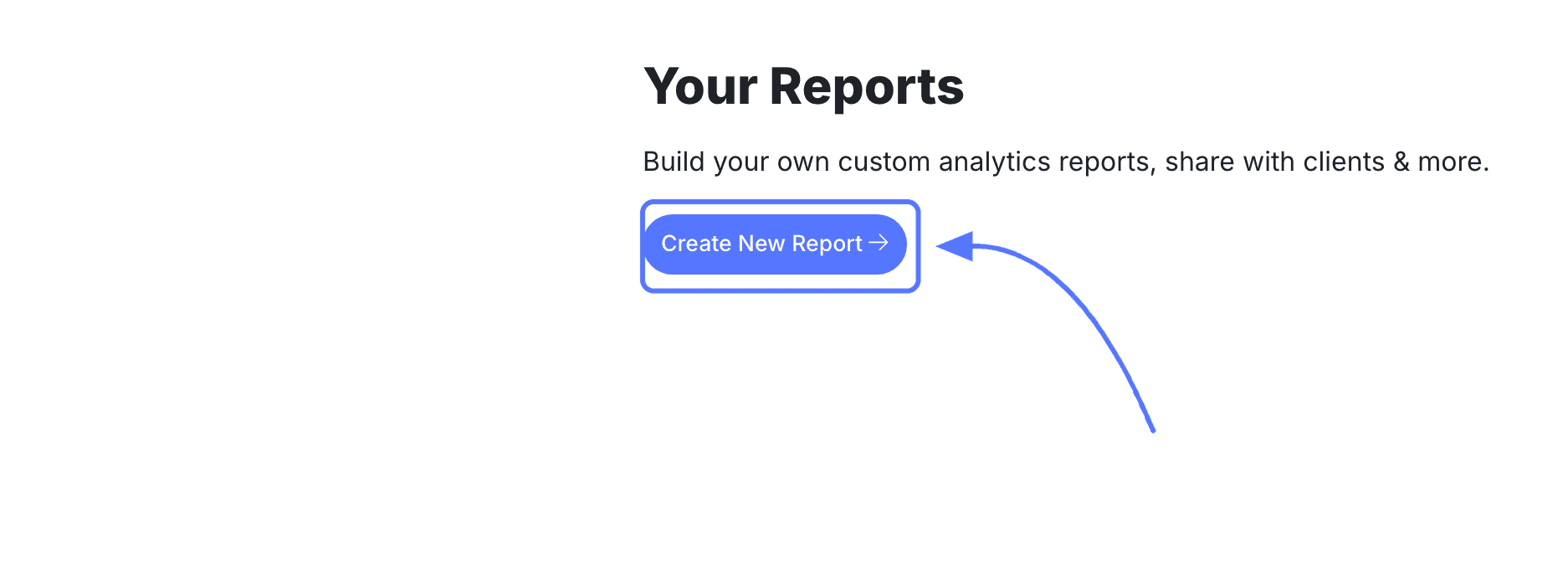 The Your Reports page with the Create New Report button boxed and an arrow pointing to it
