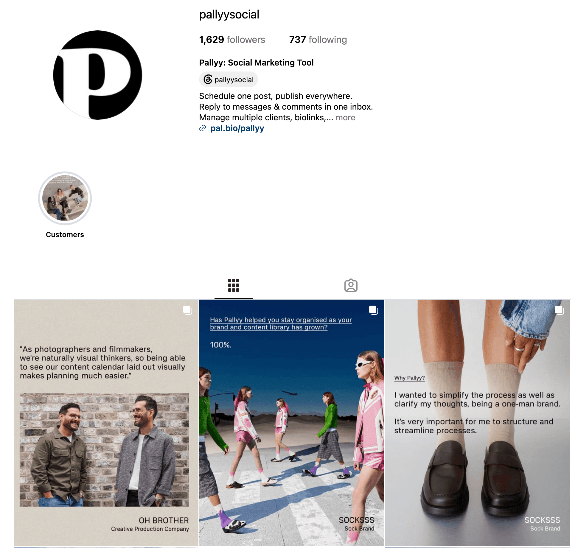 A public Instagram profile viewed logged out, the way a stranger sees the handle, bio, link, and grid