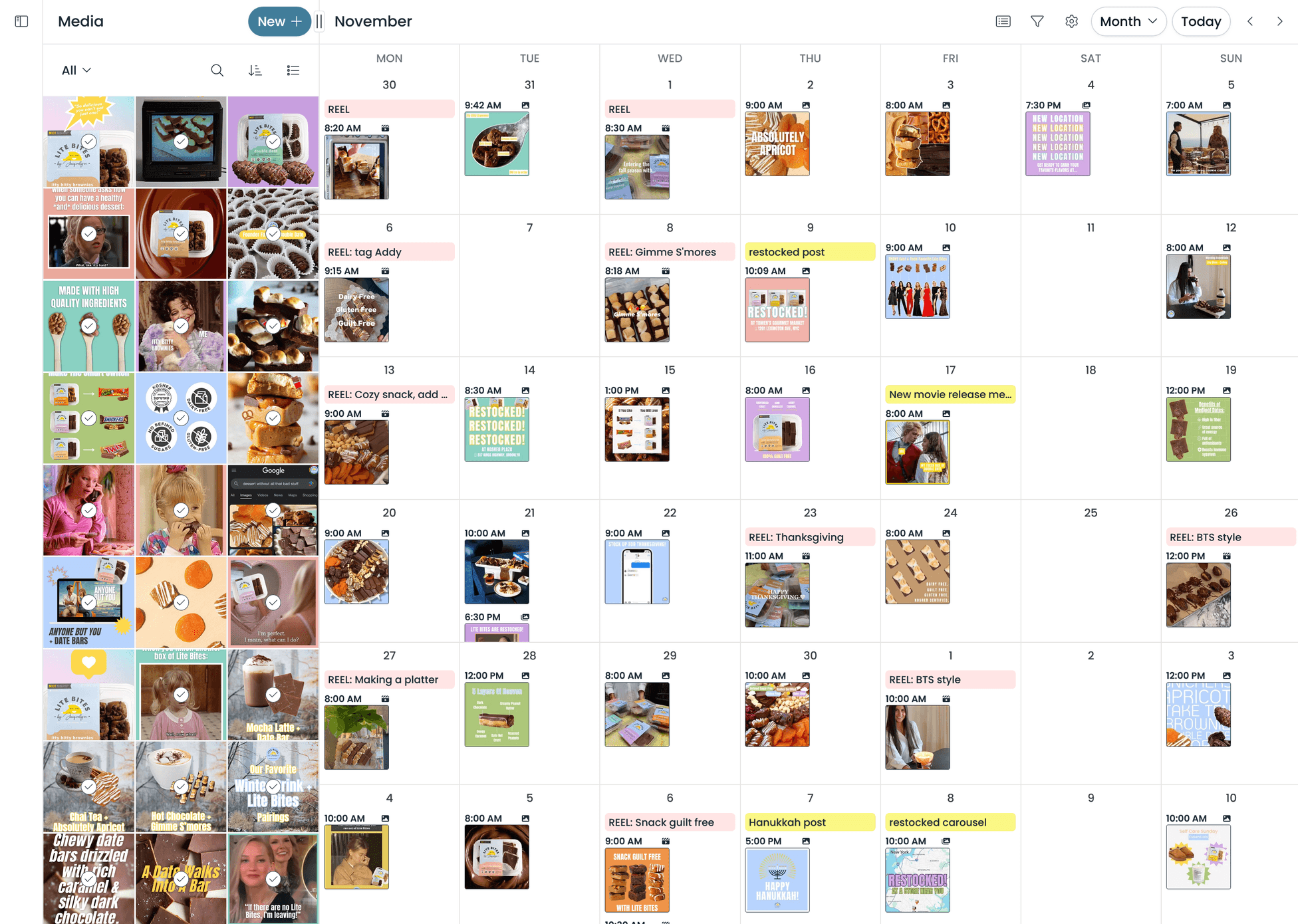 A calendar with social media posts scheduled
