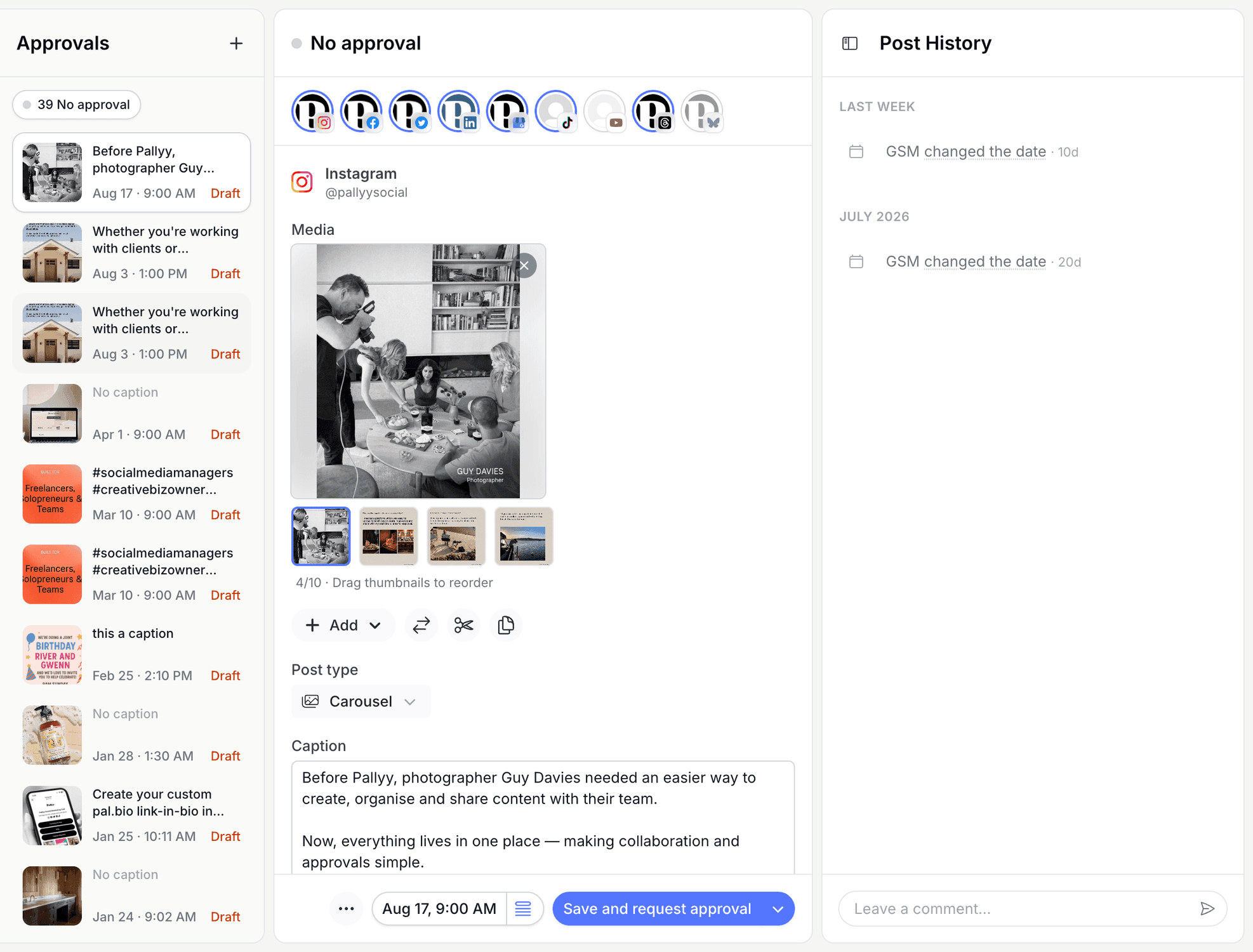 Pallyy's approvals workspace listing draft posts without approval, with a selected post's media, caption, and post history open for review