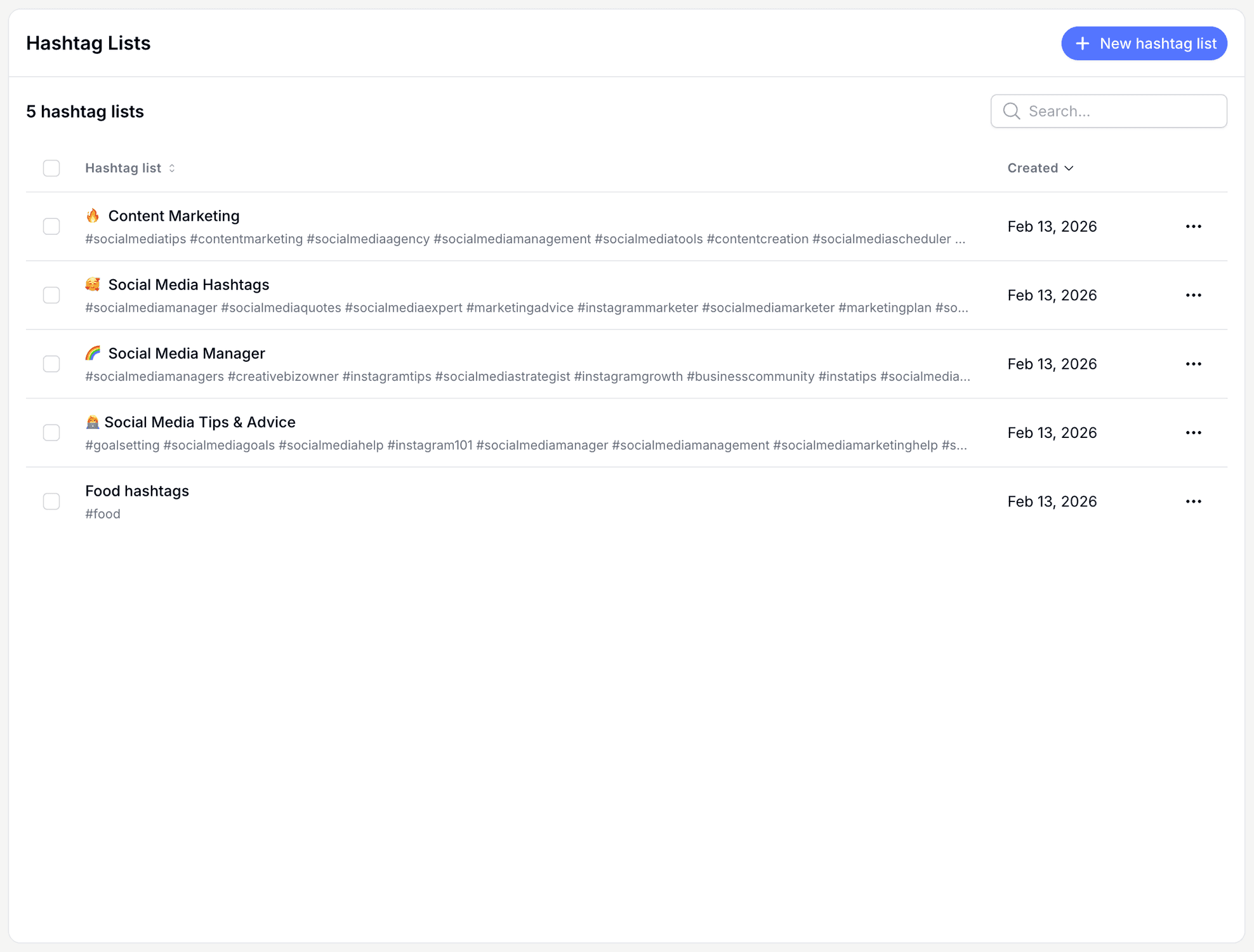 The Hashtag Lists page in Pallyy showing five saved lists with their hashtags, creation dates, and a New hashtag list button