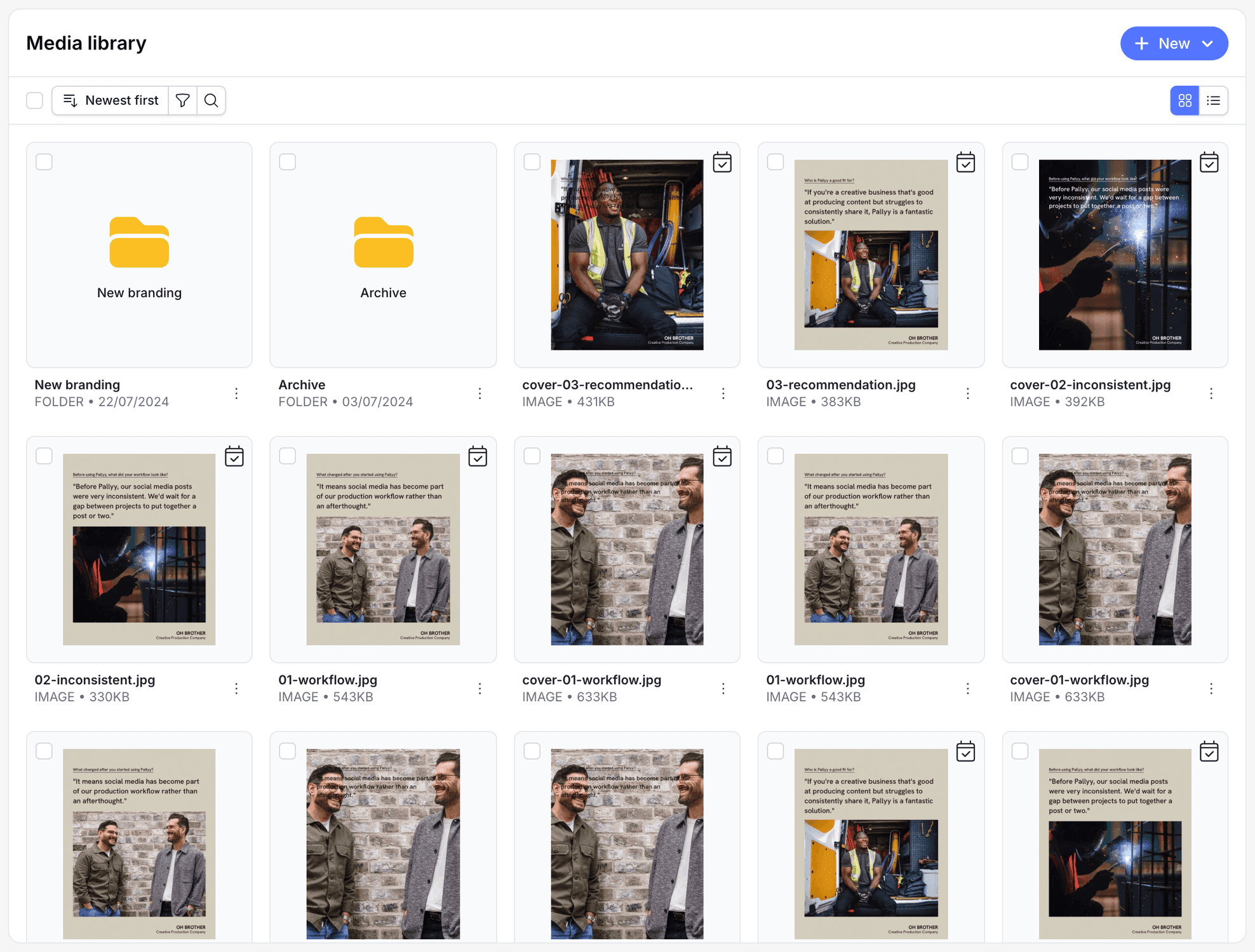 The Pallyy media library showing folders and uploaded media in grid view