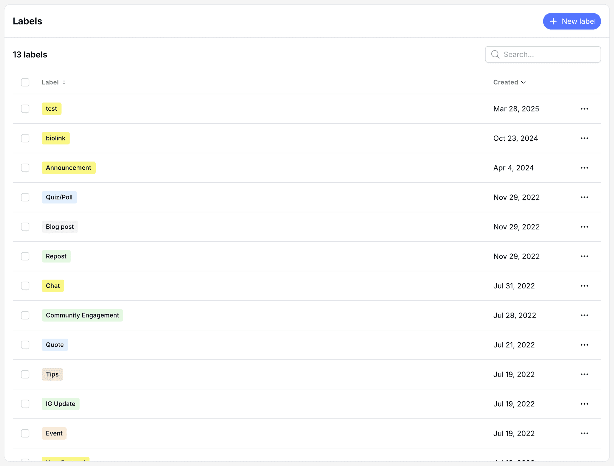 Pallyy's Labels page listing colored labels like Announcement, Repost, and Community Engagement with their creation dates and a New label button