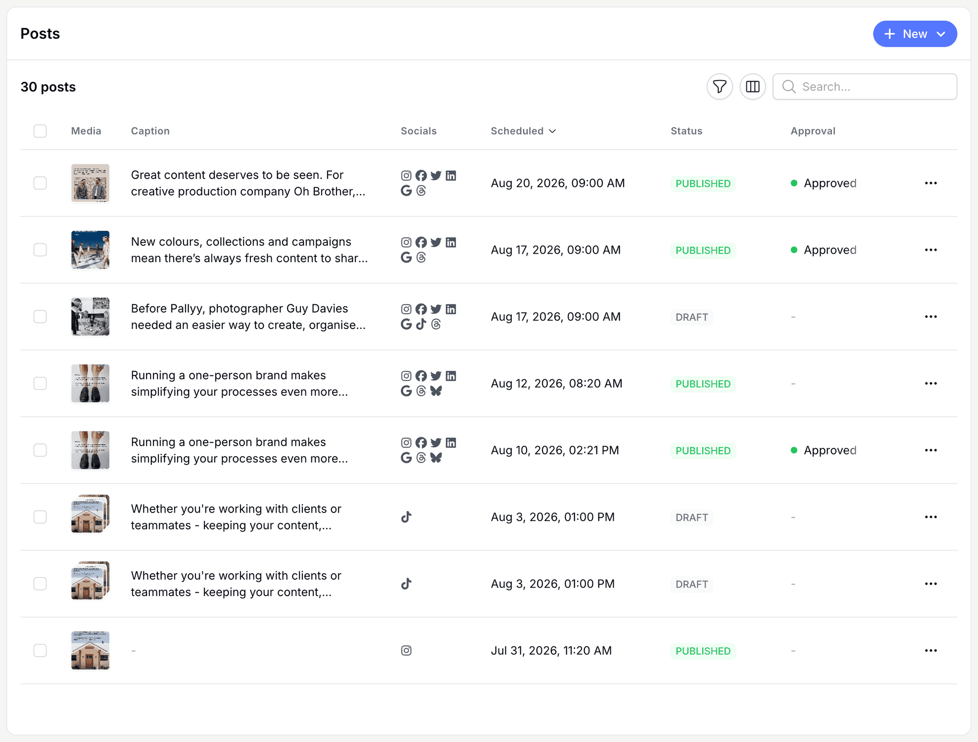 Pallyy's posts list showing posts as table rows with media thumbnails, captions, social icons, scheduled times, status, and approval columns
