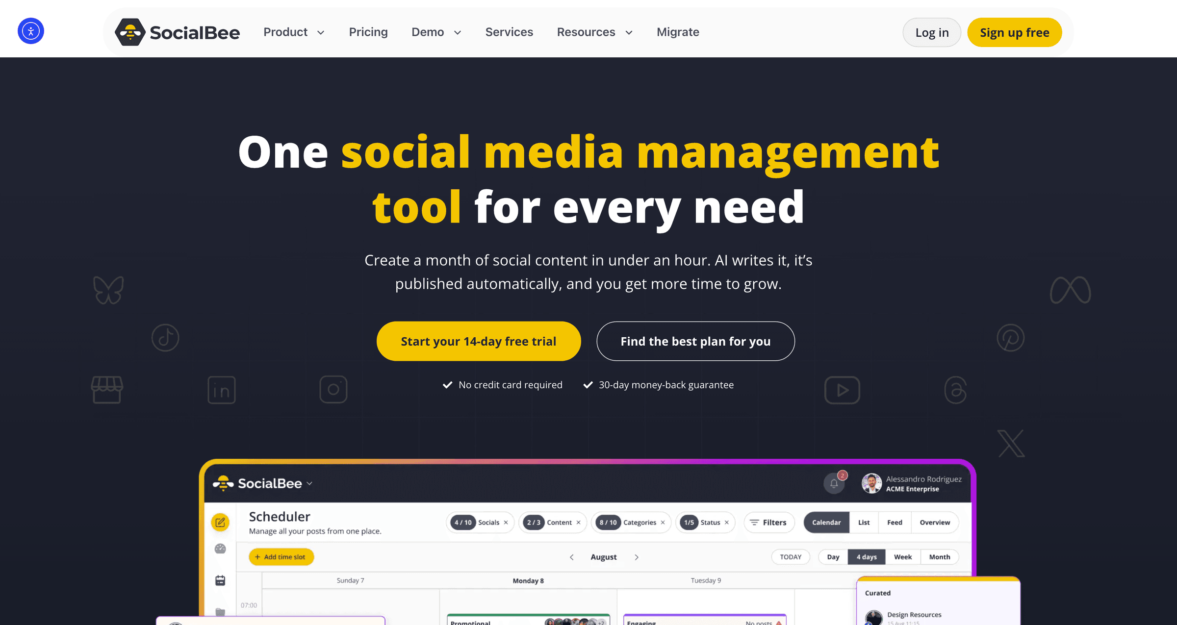 SocialBee's homepage in August 2026