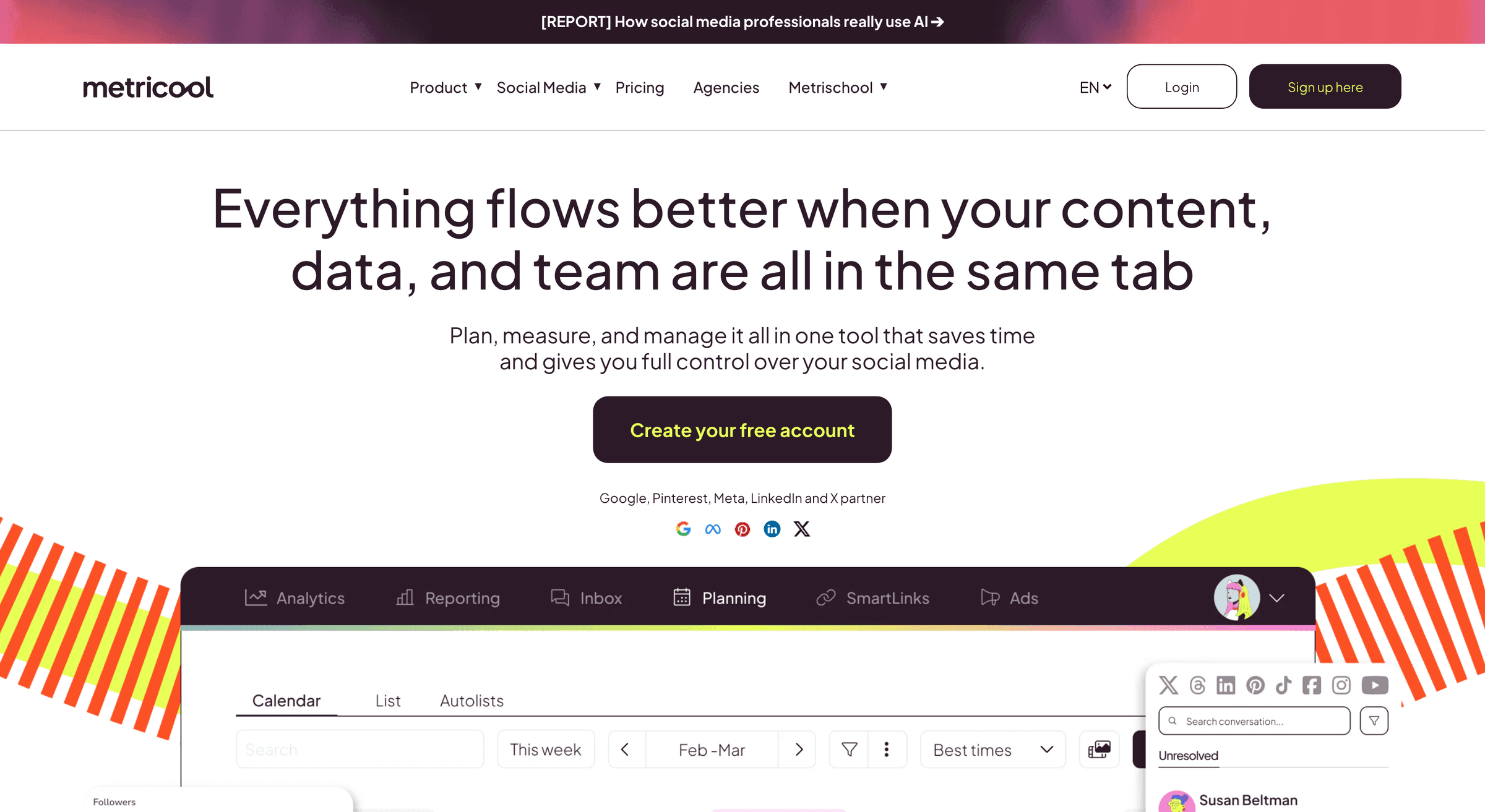 Metricool's homepage in August 2026