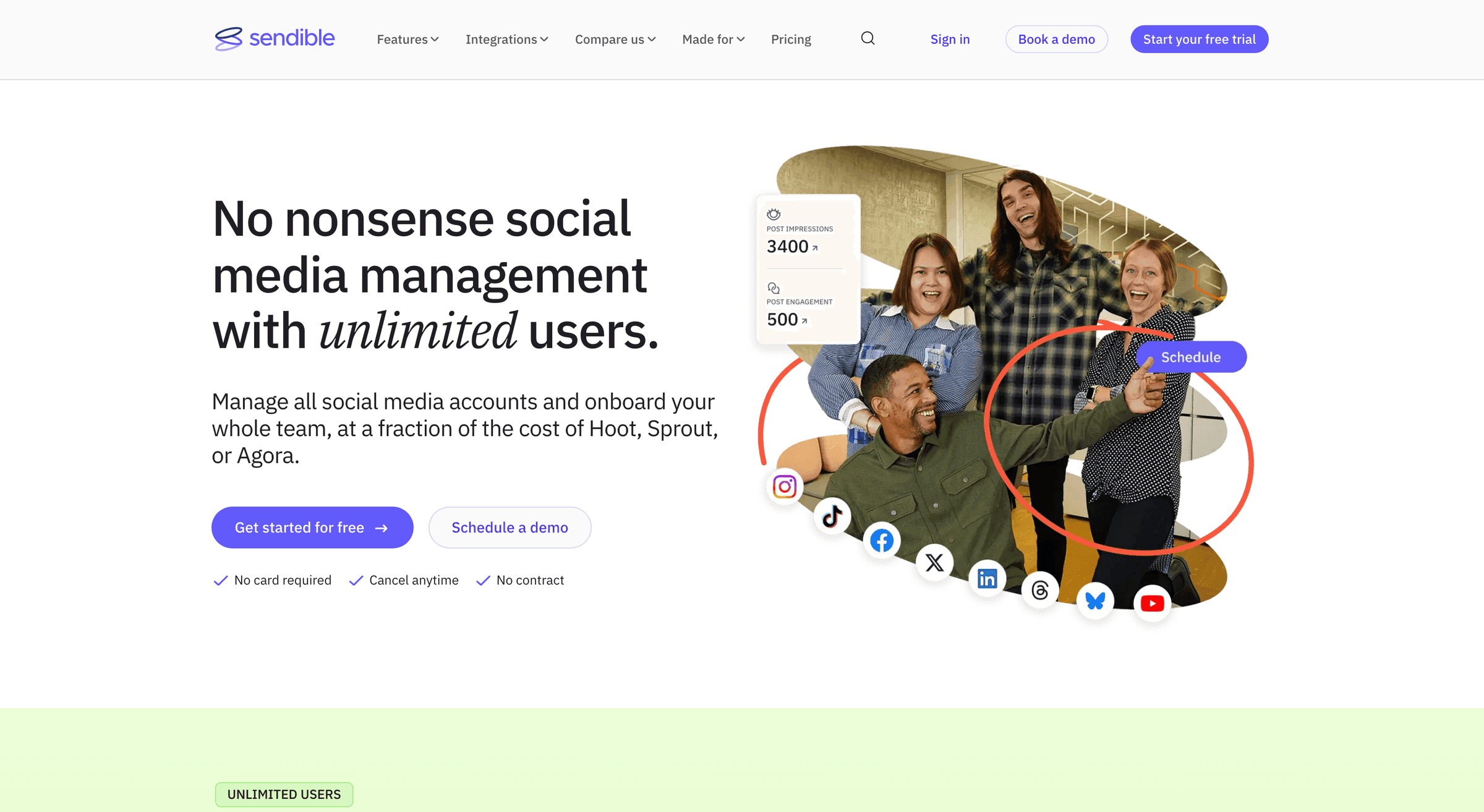 Sendible's homepage in August 2026
