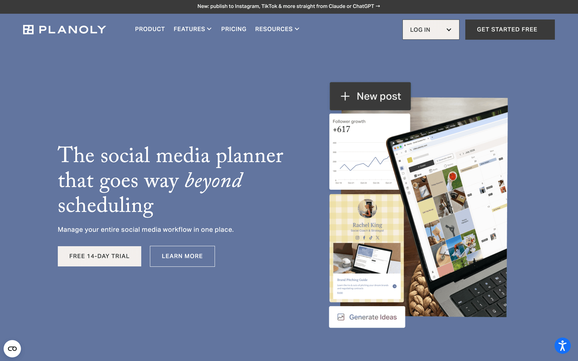 Planoly's homepage in August 2026