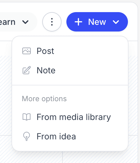 The New dropdown on the Pallyy calendar open, with Post at the top above Note, From media library, and From idea