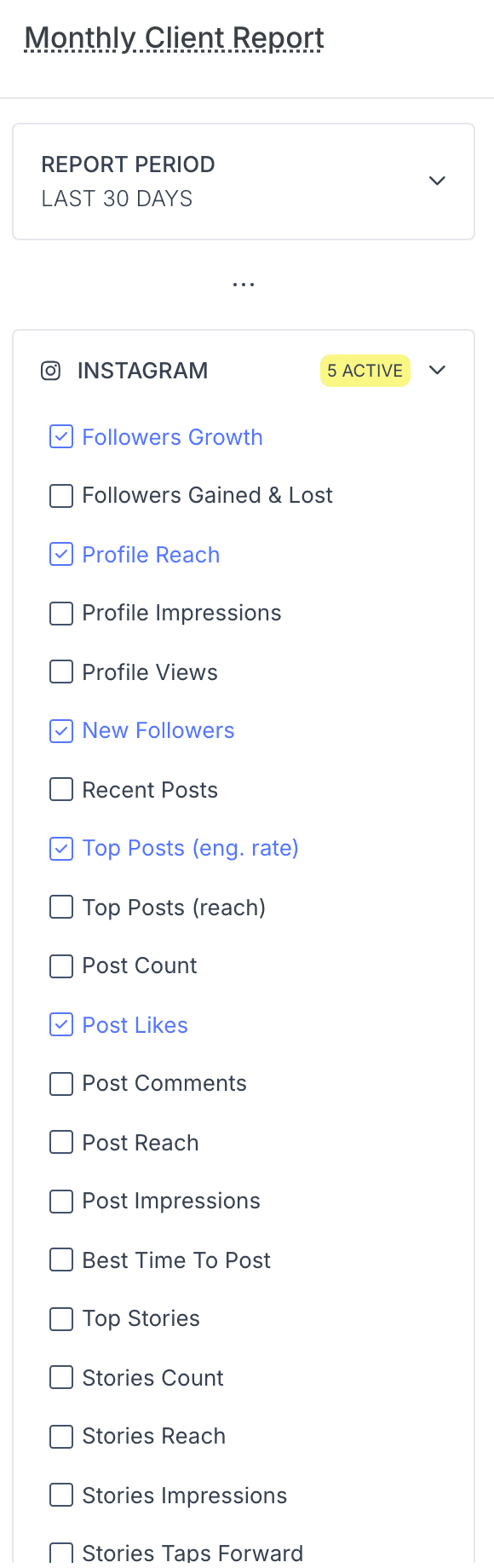 A custom report's builder sidebar in Pallyy with the report period set to last 30 days and five Instagram widgets toggled on