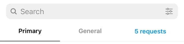 Screenshot of the inbox tabs in instagram: primary, general and message requests