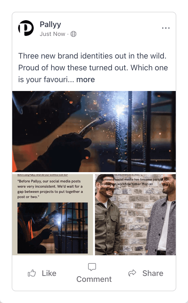 Pallyy's Facebook preview showing a scheduled multi-image page post with caption, Like, Comment, and Share buttons