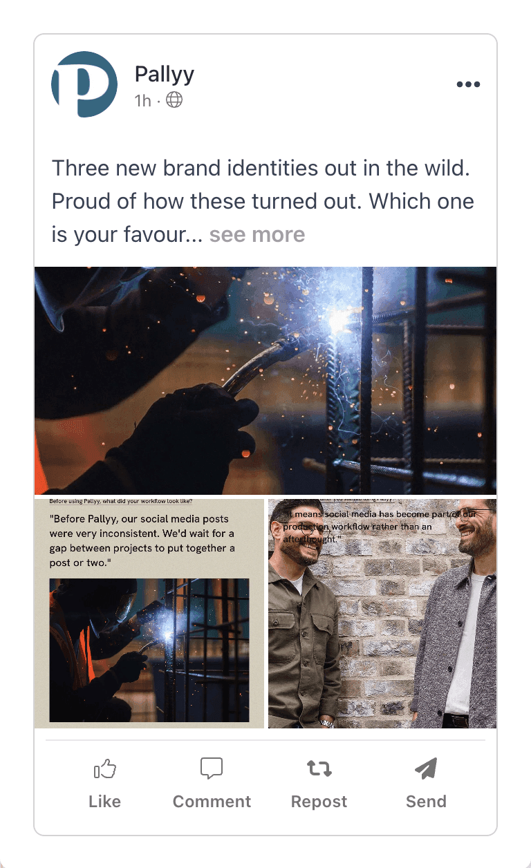 Pallyy's LinkedIn preview showing a scheduled multi-image post with Like, Comment, Repost, and Send actions