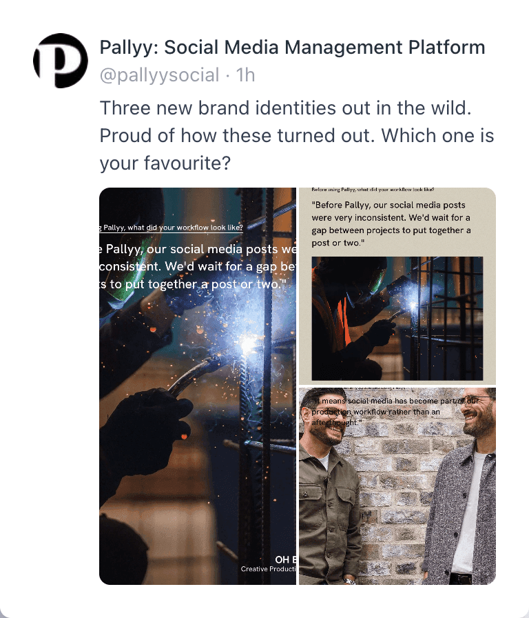 Pallyy's X preview showing a scheduled post with three attached images in the timeline layout