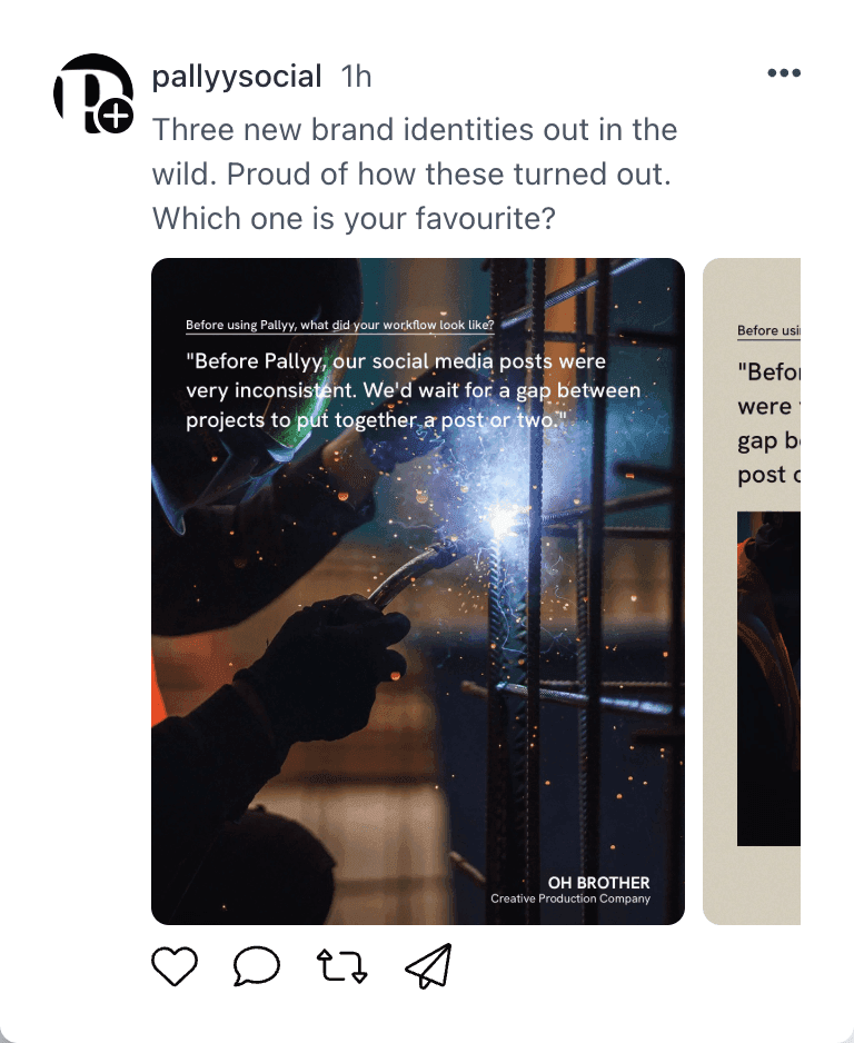 Pallyy's Threads preview showing a scheduled carousel post with a caption in the Threads feed layout