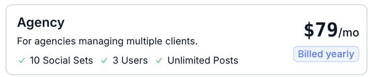 The Agency card in Pallyy's plan picker showing $79/mo billed yearly with 10 social sets, 3 users, and unlimited posts